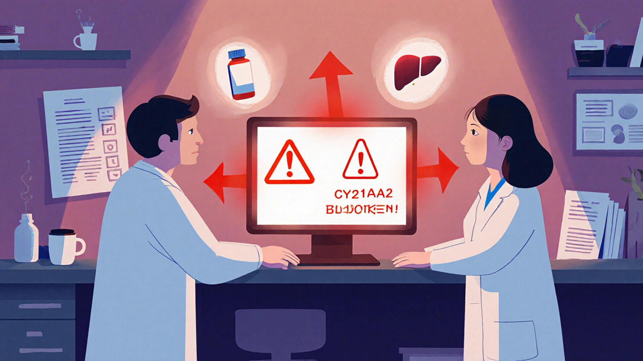 A doctor and pharmacist looking at a computer screen showing a dangerous drug interaction warning.