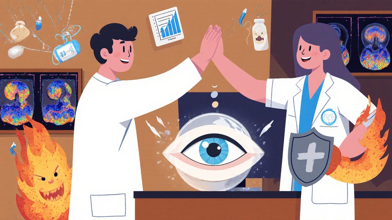 A doctor and rheumatologist celebrating as steroid use decreases and protective biologic drugs shield the eye.