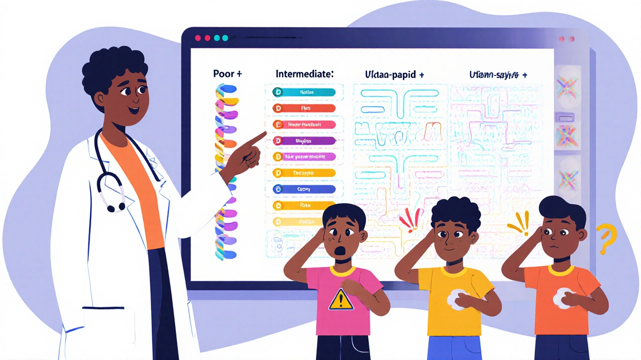 A doctor explains gene metabolism types to a patient using a colorful chart with four distinct reaction styles.