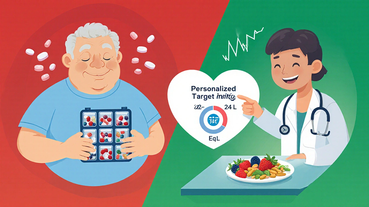 A patient comparing overwhelming pill burden with a simple diet solution under personalized medical guidance
