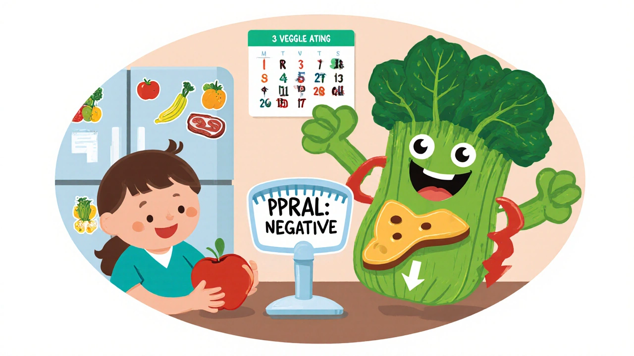 A patient eating fruits and vegetables while pushing away an acid monster made of meat and cheese