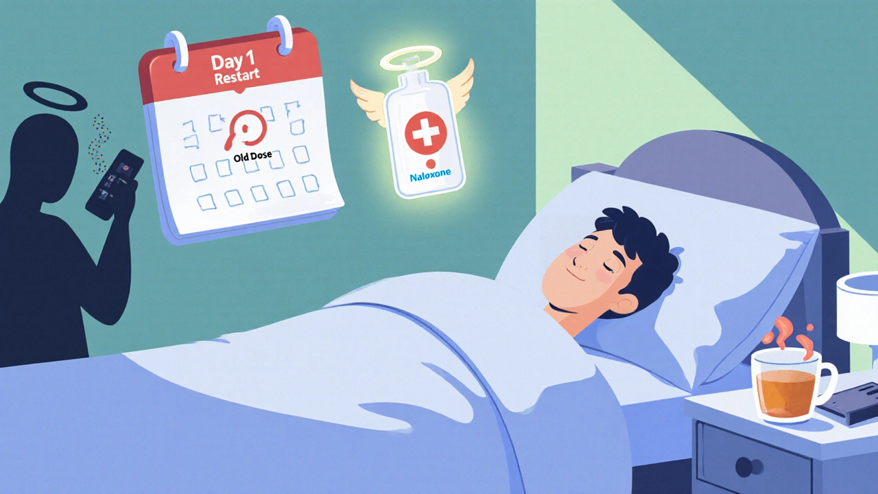 A person sleeping safely as a glowing naloxone device hovers protectively above them.