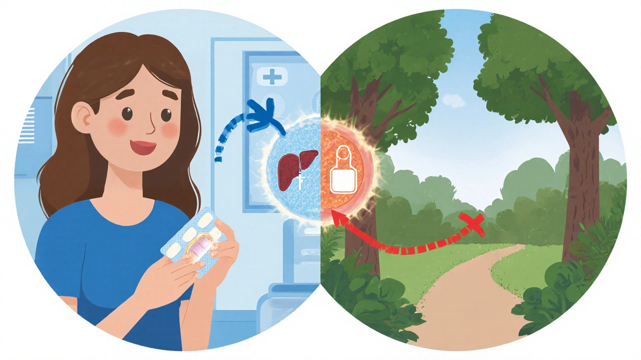 A woman comparing transdermal patch and oral pill with visual representation of liver impact.