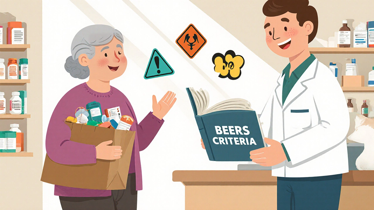 An older woman bringing her medications to a pharmacist for a safety review.