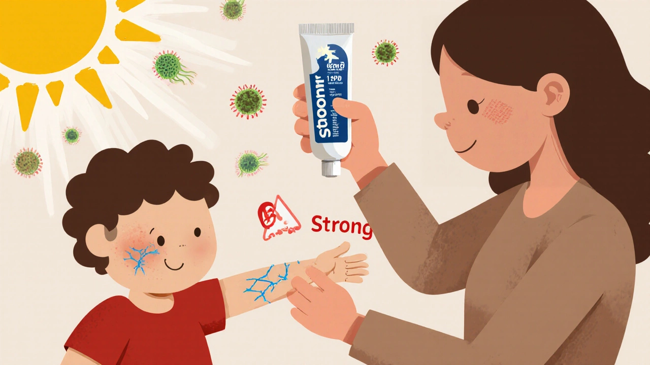 Child&#039;s arm with visible veins as parent applies steroid cream, bacteria creeping through damaged skin.