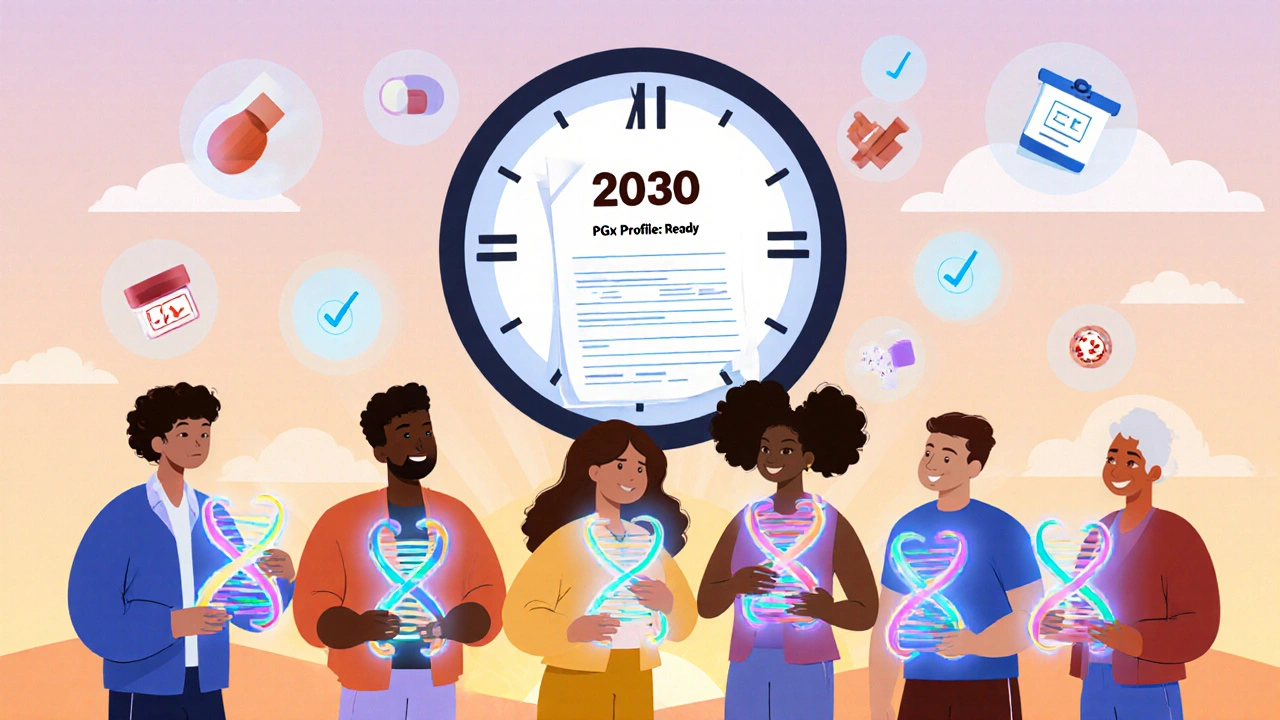 Diverse individuals hold unique DNA strands under a 2030 clock, surrounded by medication icons and medical records.