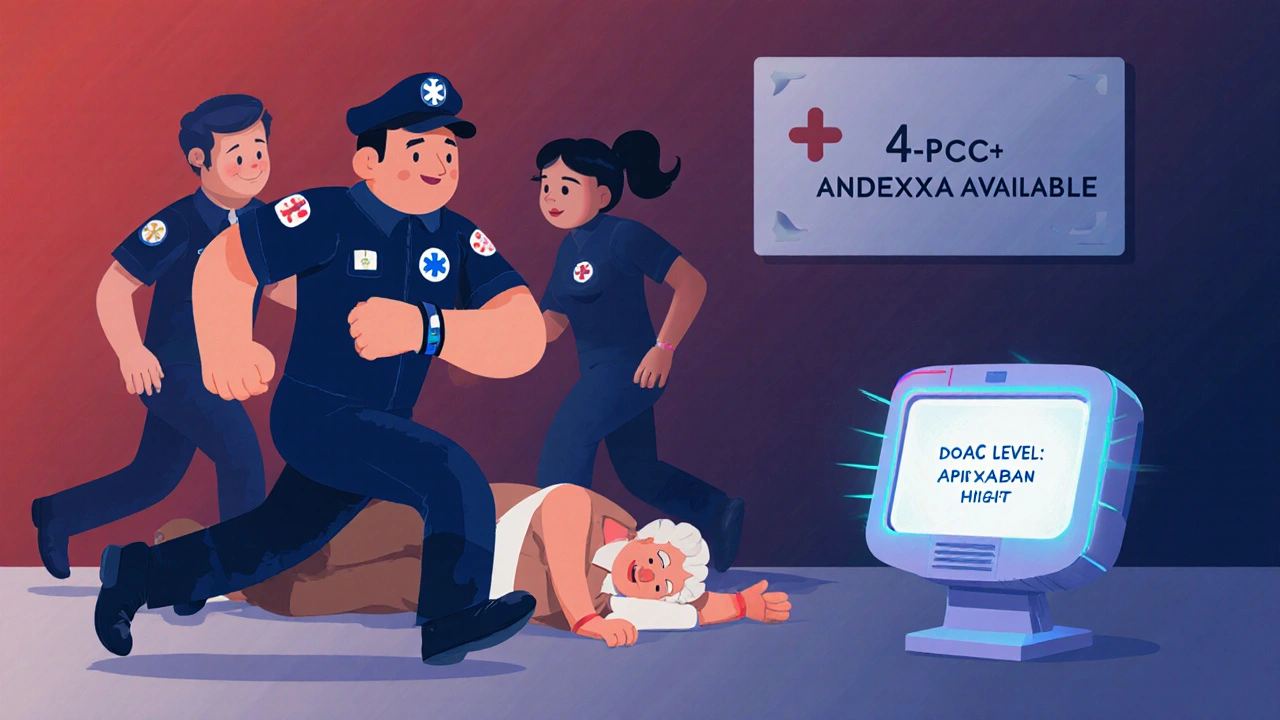 Emergency responders attending to a fall victim with medical alert bracelet and DOAC testing device.