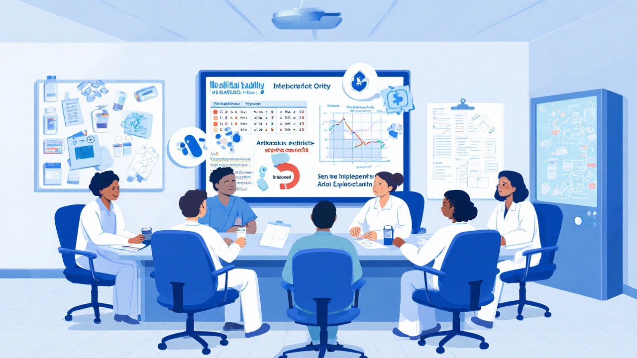 Hospital team reviewing drug options on a screen during a therapeutic interchange meeting.