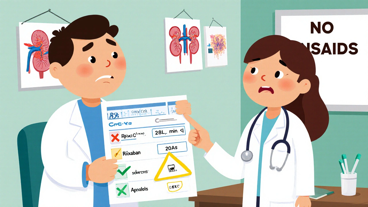 Patient and doctor reviewing kidney function test results with DOAC safety comparison.