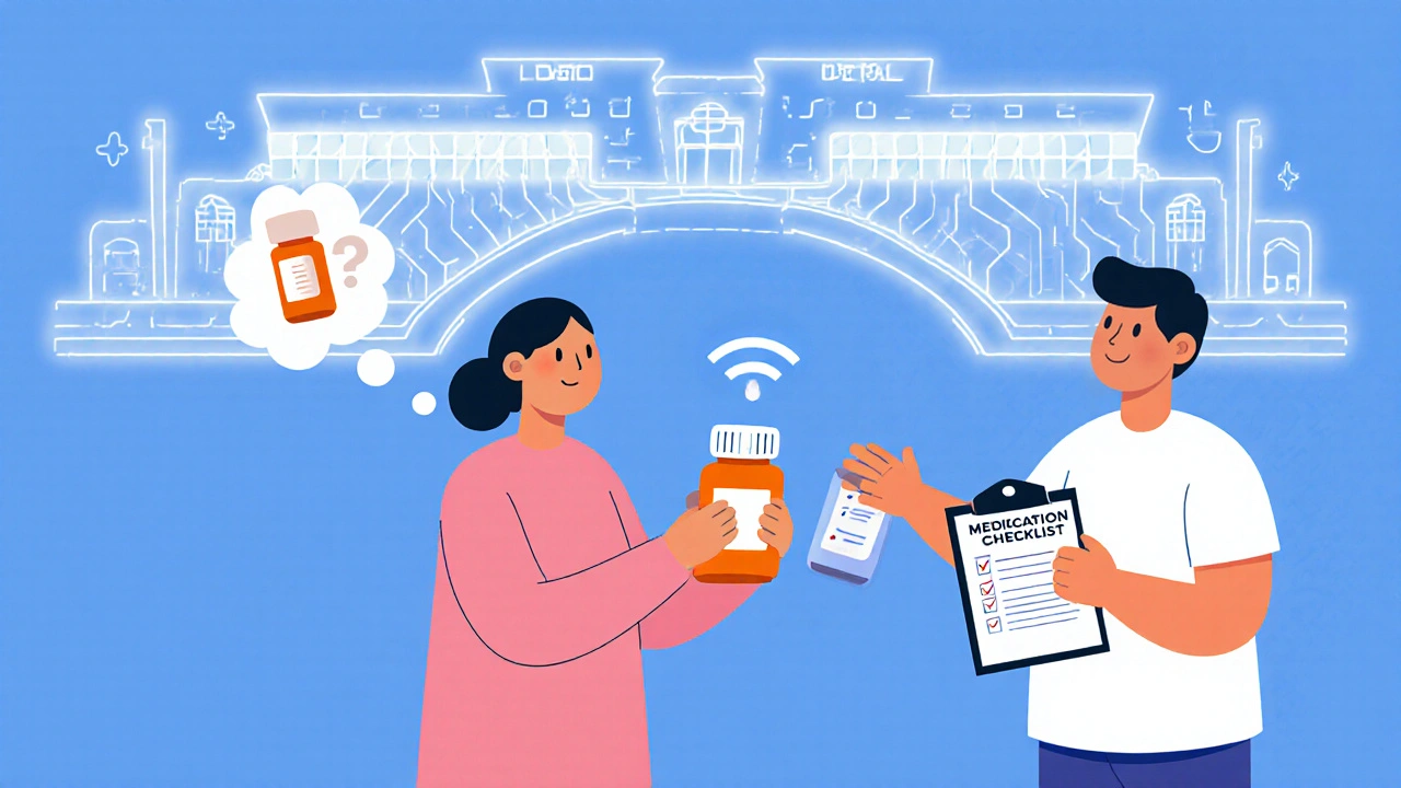 Patient confused by mismatched meds, with digital bridge connecting hospital and pharmacy records.