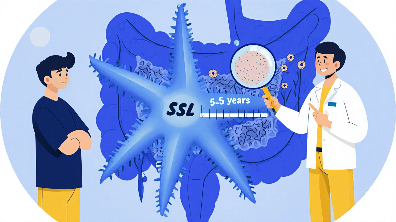 Patient facing a jagged serrated polyp with doctor pointing to a 3-5 year follow-up timeline.