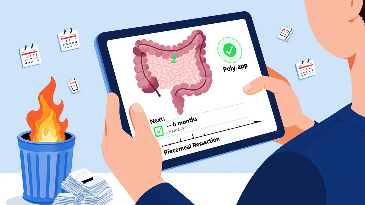 Patient using a tablet app to confirm 6-month follow-up after piecemeal polyp removal.