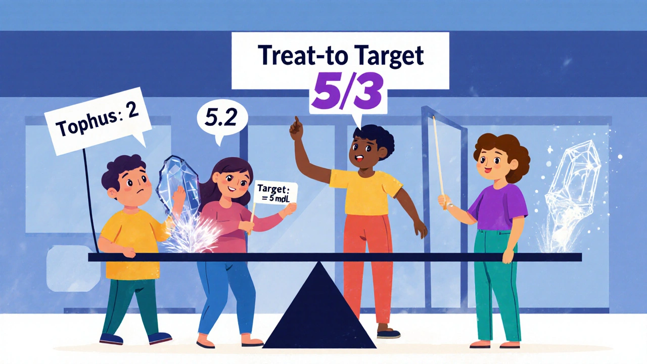 Patients hold urate level signs as a scale balances tophus against target range.