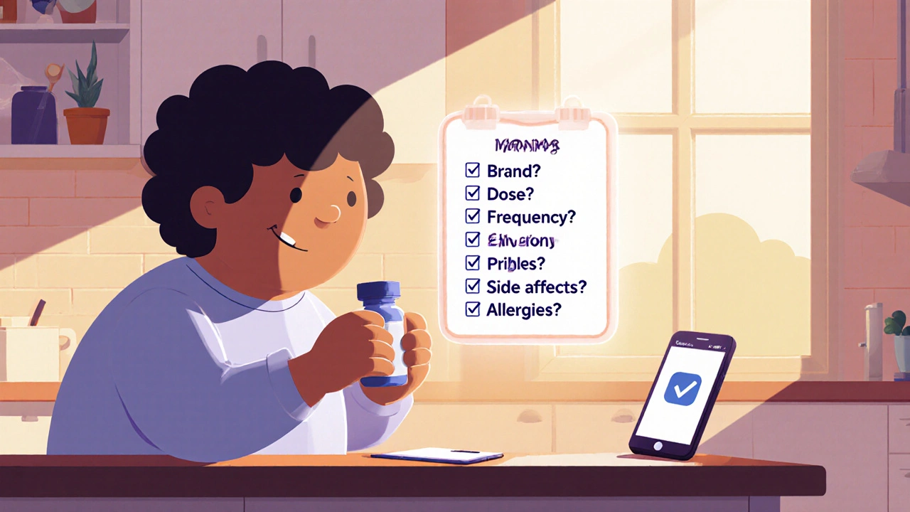 Person checking medication instructions with a checklist on the kitchen counter