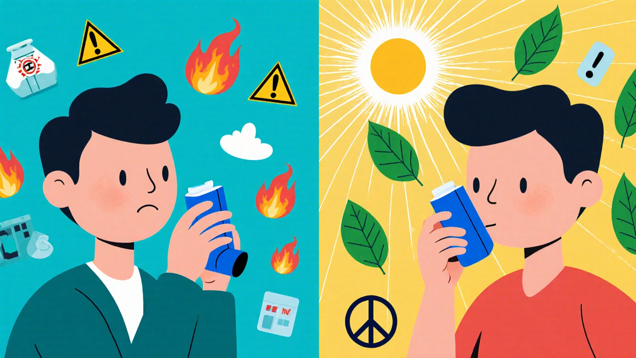 Person choosing safe asthma treatment over risky rescue-only use, shown in a split visual.