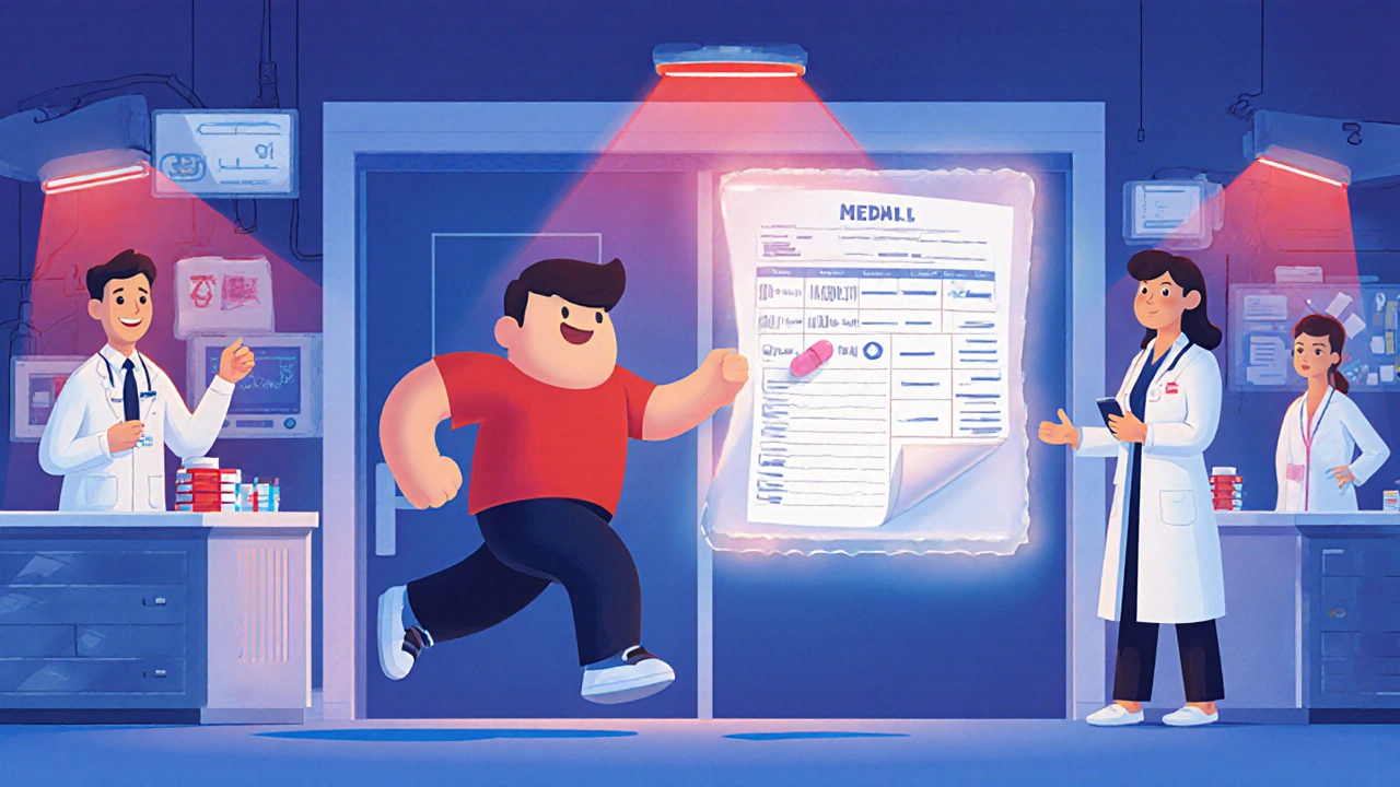 Person handing a medication log to an ER nurse with health info floating nearby