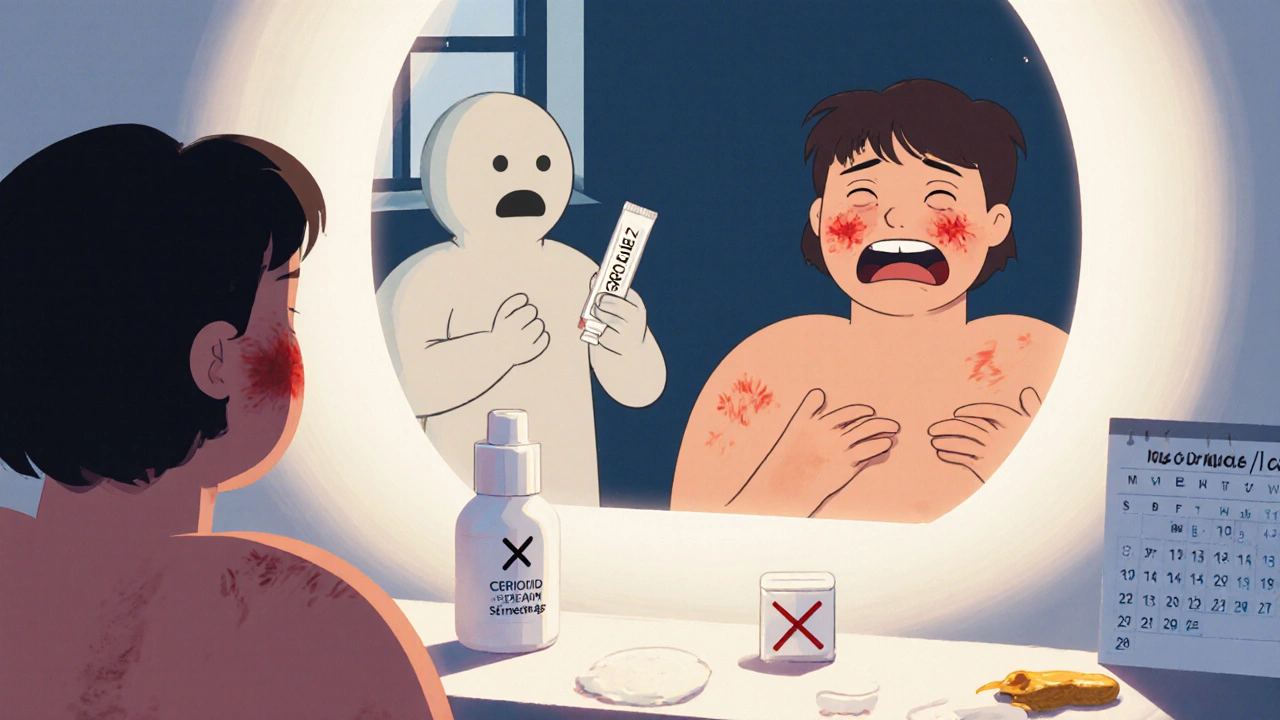 Person in mirror sees skin damage from steroid use, with recovery products nearby and past self holding tube.