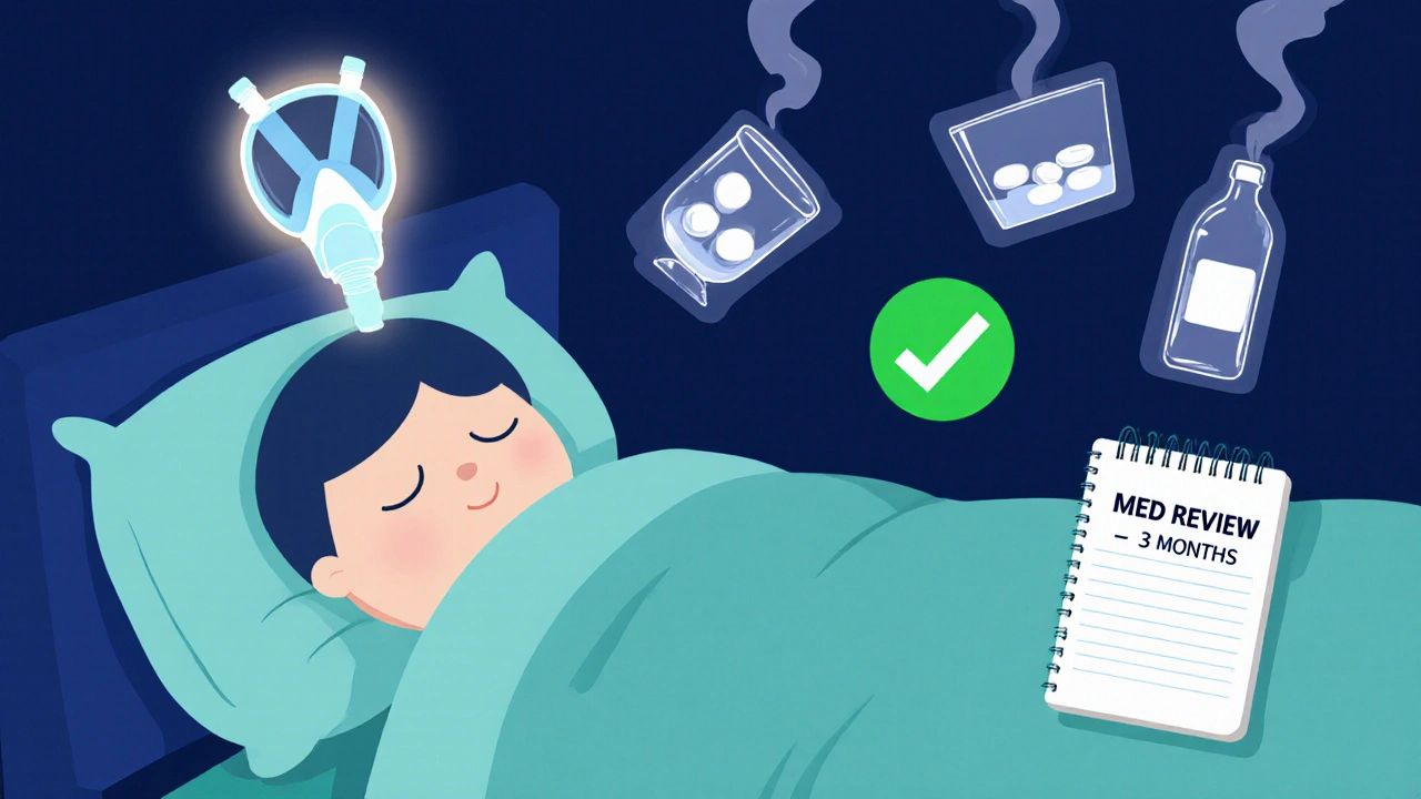 Person sleeping safely under an oxygen mask while dangerous substances fade away, symbolizing safe medication management.