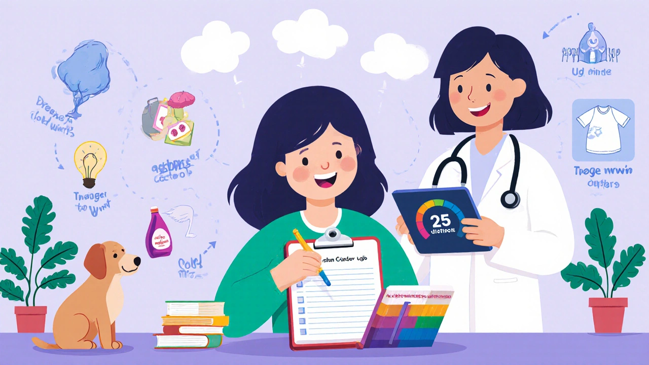 Person tracking asthma triggers and symptoms in a notebook with a doctor reviewing progress.