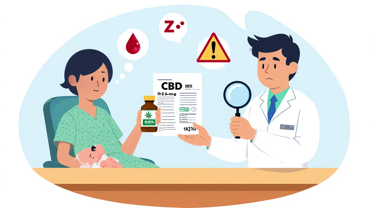 Pharmacist examines CBD label and lab report showing dangerous INR level, patient sleeping nearby.