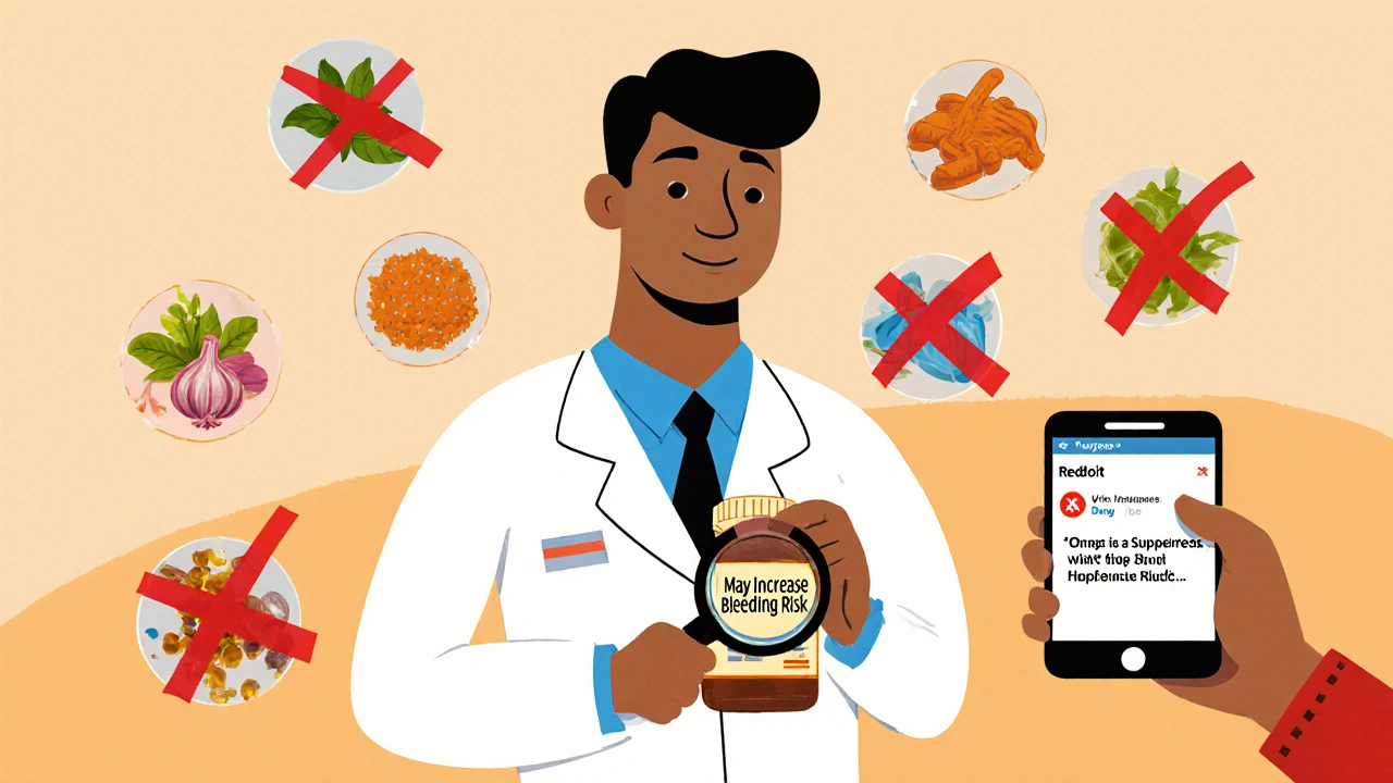 Pharmacist examining supplement bottle with hidden danger symbols and warning icons floating nearby.