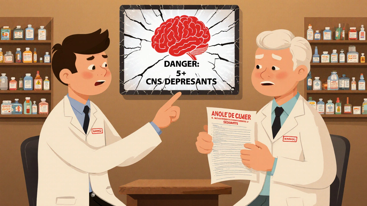 Two doctors confused as a patient holds a long list of sedative medications, with a warning screen in the background.