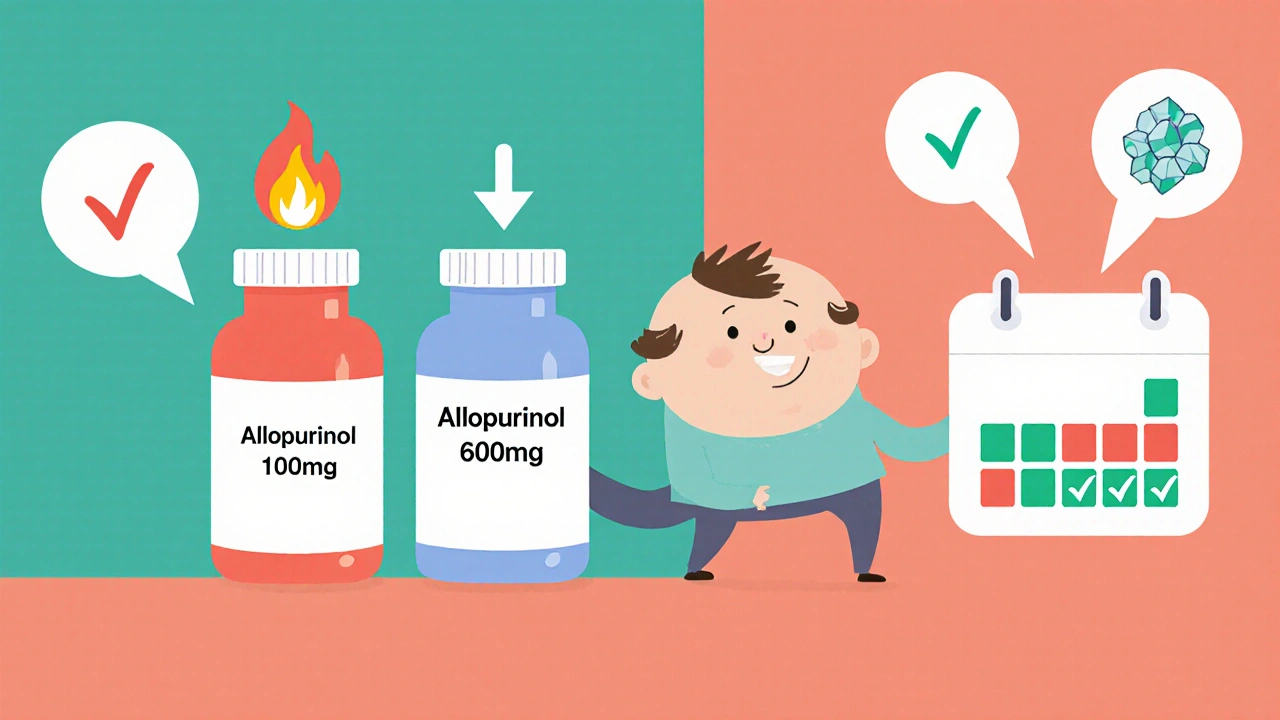 Two pill bottles show underdosed vs. properly dosed allopurinol with crystal dissolution.