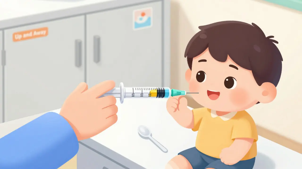 A caregiver using a dosing syringe to give medicine to a child, with a locked cabinet in the background.
