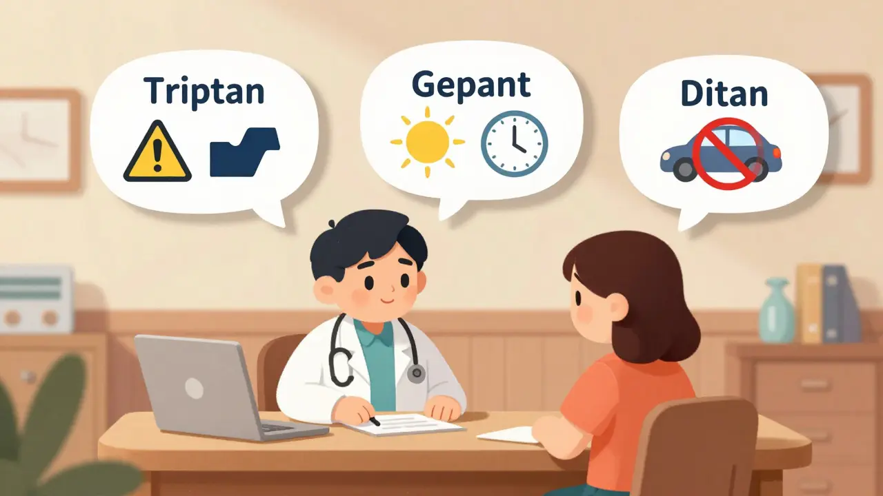 A doctor and patient review a colorful comparison chart of migraine medications in a warm clinic setting, with symbolic icons floating above.