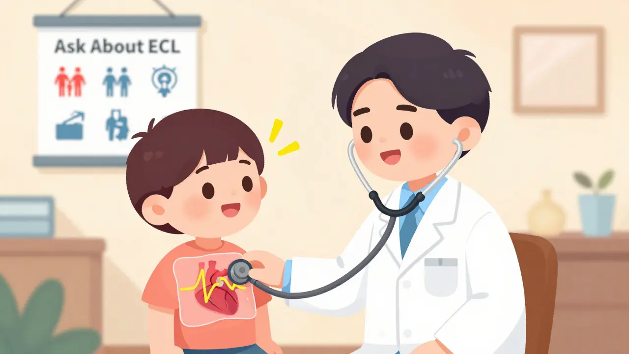 A doctor checking a patient's heart with an ECG overlay showing electrical caution signs in a clinic.