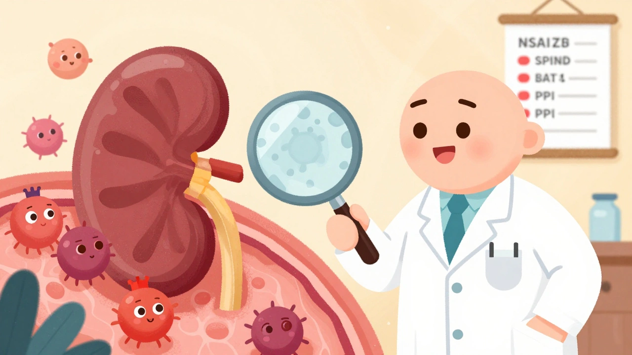 A doctor examining a cartoon kidney under a magnifying glass, with immune cells clustered around tubules.