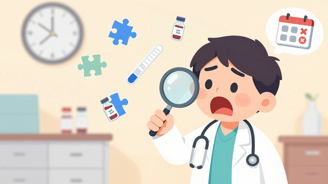 A doctor examining a patient with medical icons floating nearby, showing years of misdiagnosis.