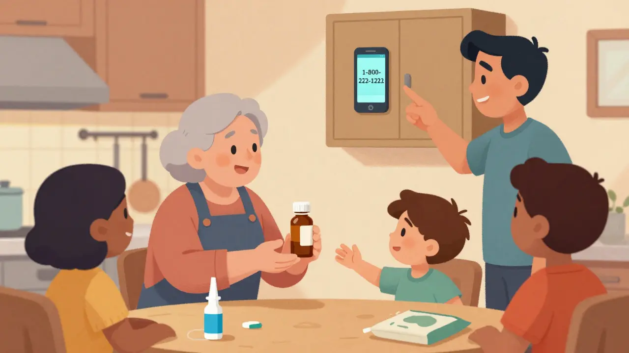 A family discussing medicine safety at the table, with poison control number and naloxone visible.
