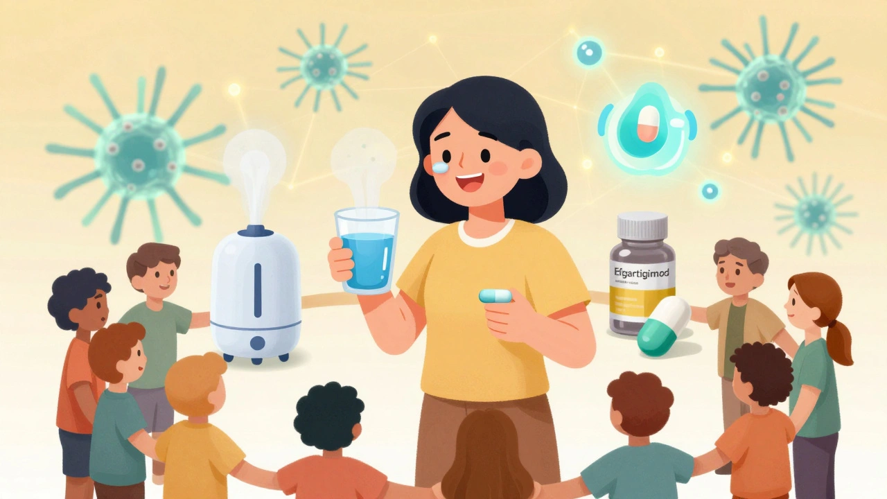 A hopeful woman surrounded by treatment tools and a community, symbolizing new research and support.