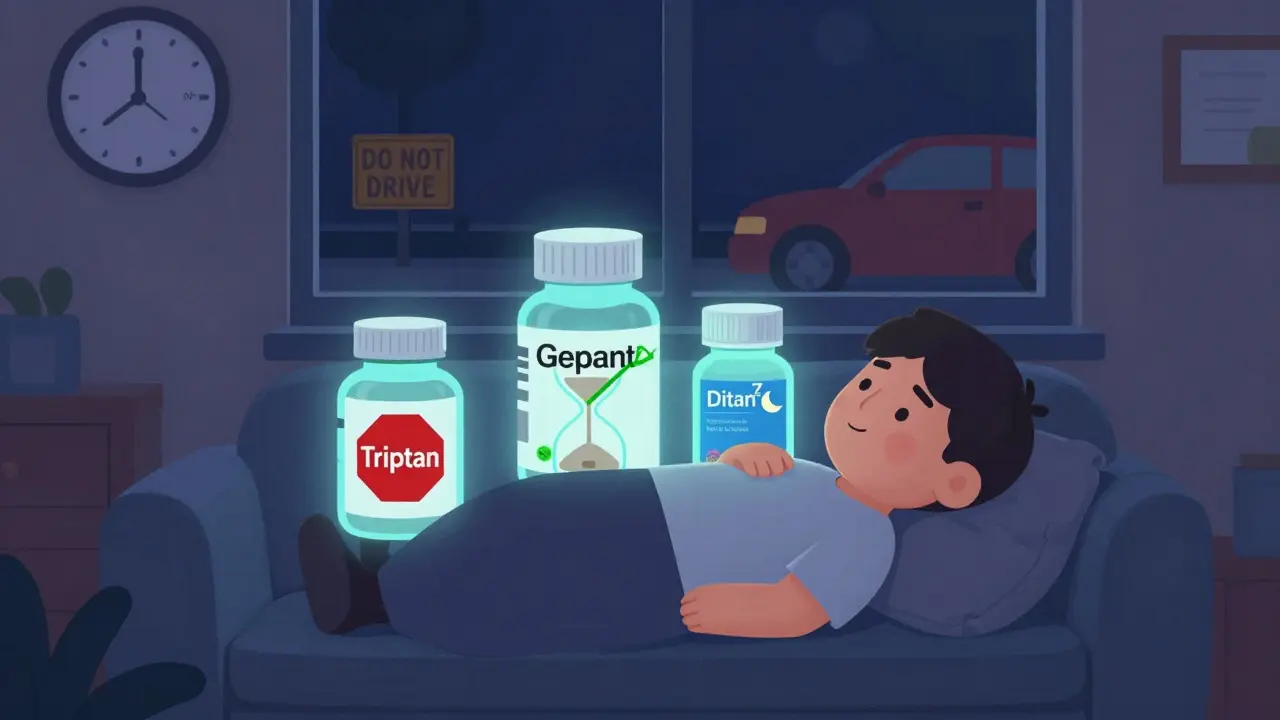 A person rests at home with three medication bottles, each marked with safety symbols — no driving, no heart risk, and long-lasting relief.