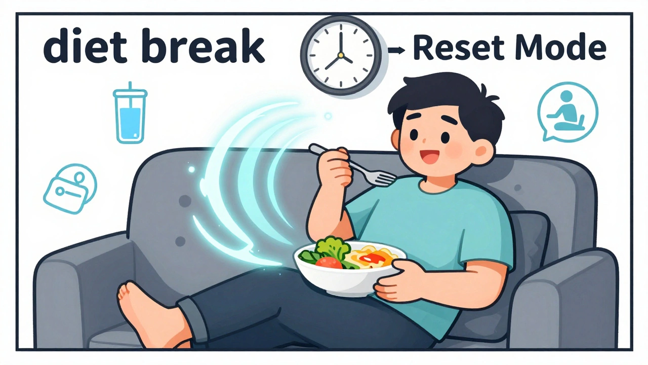 A person taking a relaxing diet break with energy reset symbols around them.