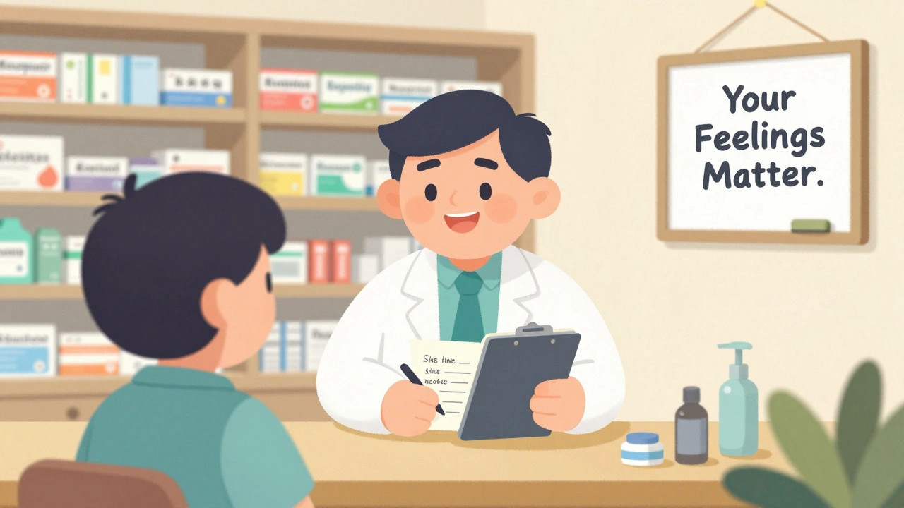 A pharmacist and patient discussing side effects in a supportive pharmacy setting.