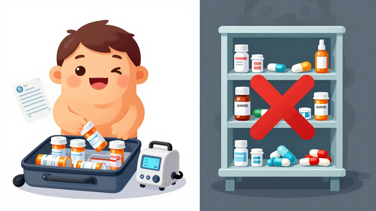 A split scene: one side shows organized meds and CPAP gear, the other shows a nearly empty ship pharmacy shelf.