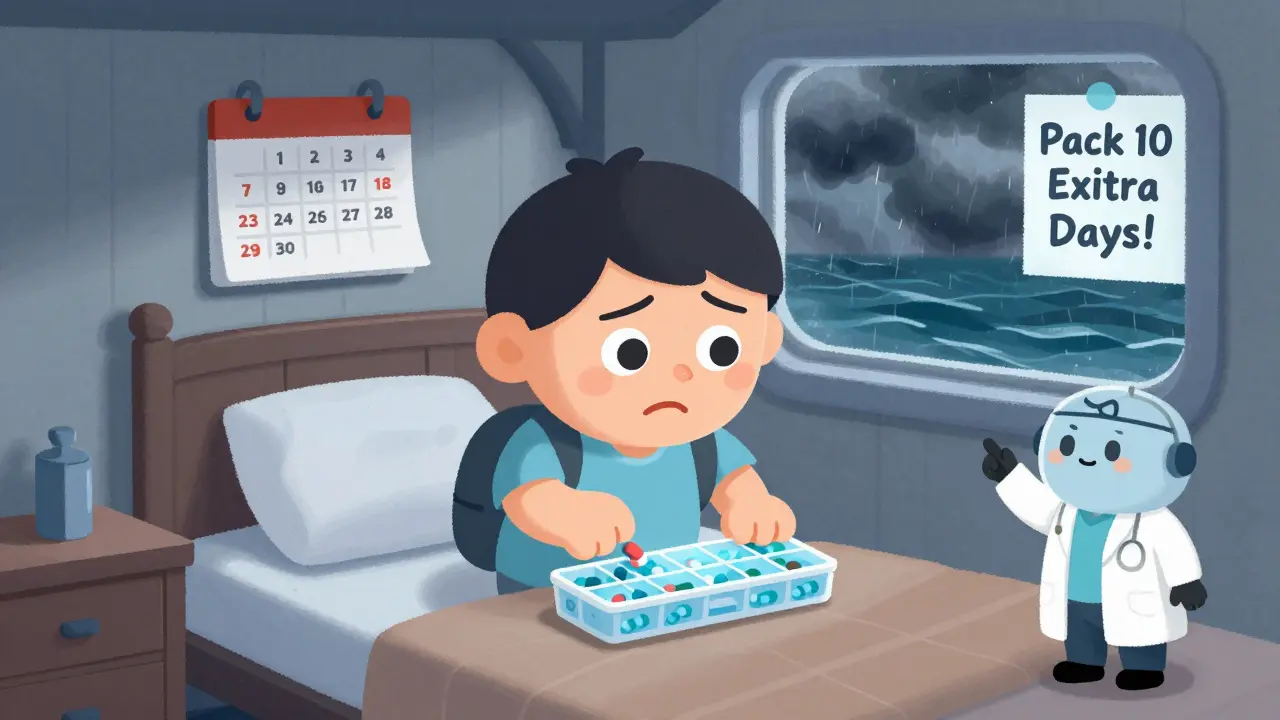 A traveler opens an empty pill organizer on a cruise bed, with a canceled port day visible on the calendar.