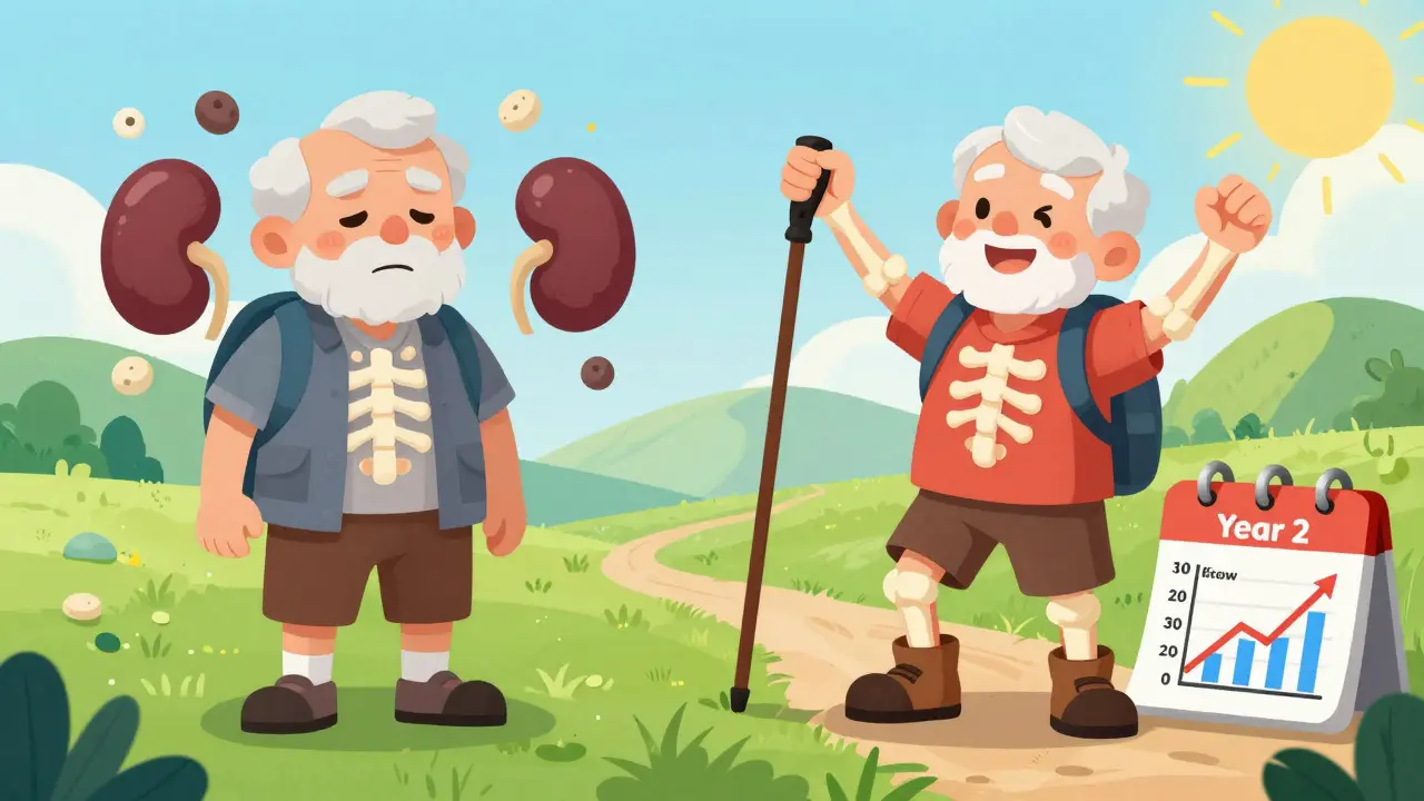 Before-and-after comparison of a man with bone loss versus restored bone strength after surgery.