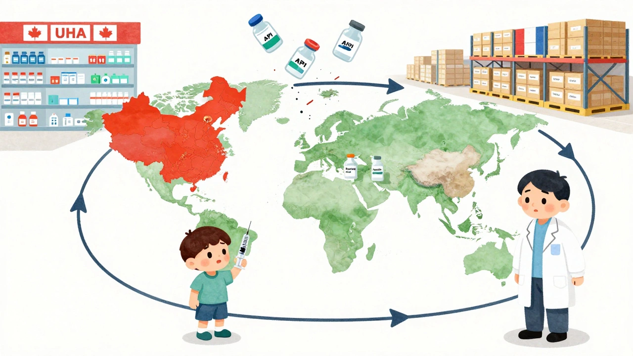 Broken global supply chain causing medication vials to fall toward a child and doctor.