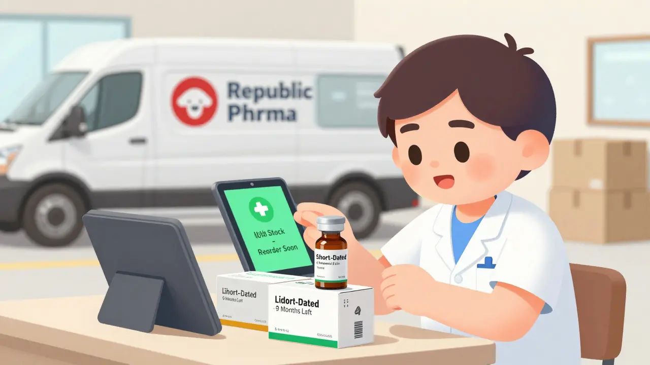 Clinic worker checking expiration dates on lidocaine vials with digital alert on tablet, secondary distributor van in background