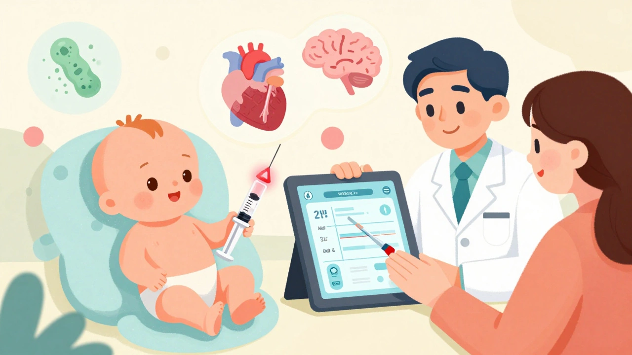 Comparison of risky standard dose vs. personalized digital dosing model for preterm infant, with pharmacist and parent nearby.
