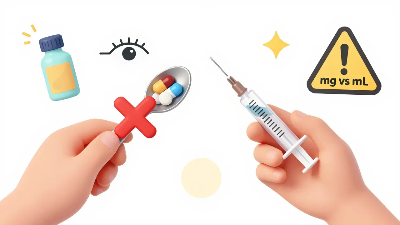 Contrast between a kitchen spoon and an oral syringe for measuring medicine, with safety icons floating nearby.