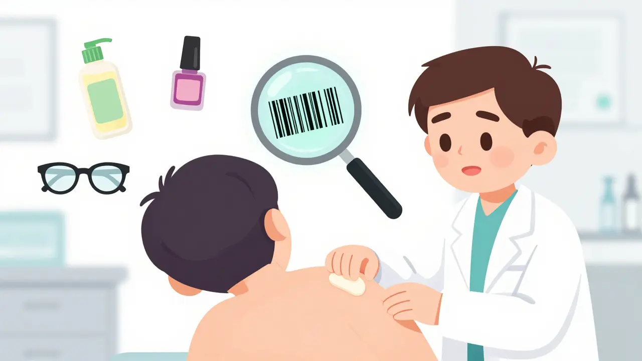 Dermatologist applying patch test to patient's back, with common allergen products floating nearby.