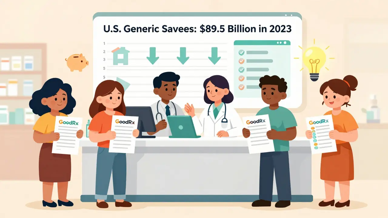 Diverse group of people at a pharmacy, using tools and asking questions to save money on medications.