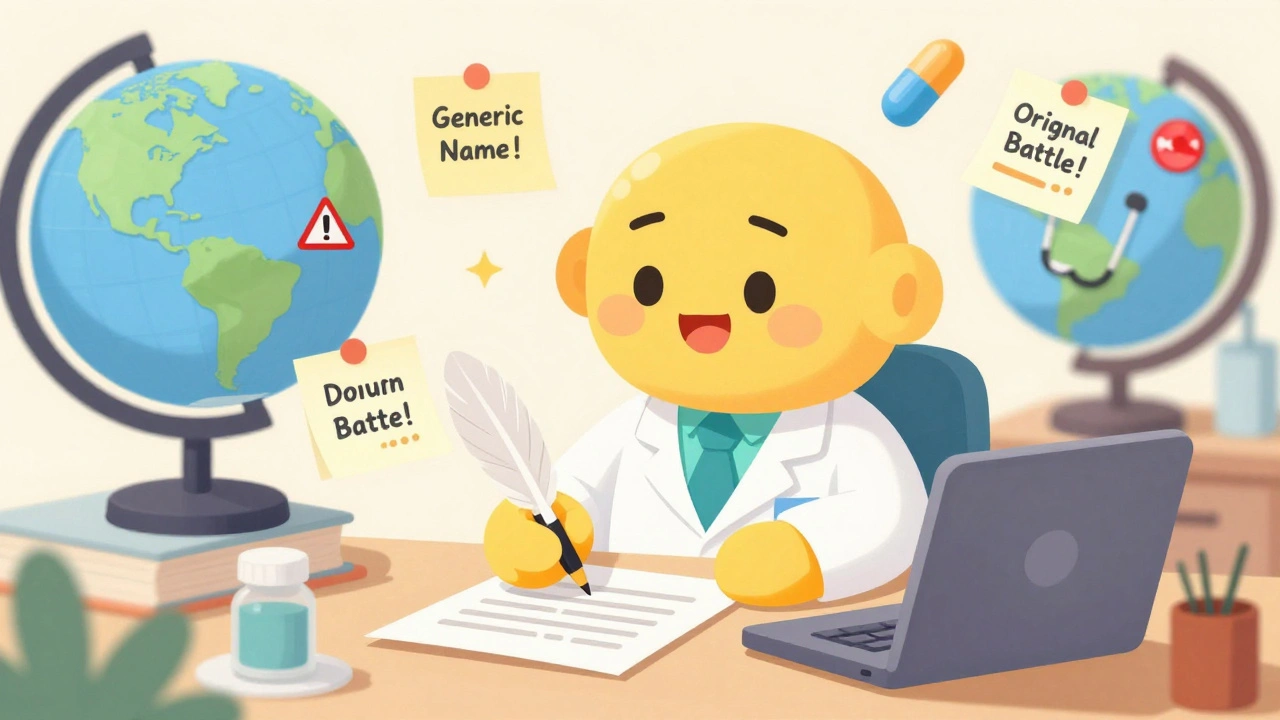 Doctor writing detailed letter with floating reminders about generic names, dosage, and license info, globe showing restricted countries.