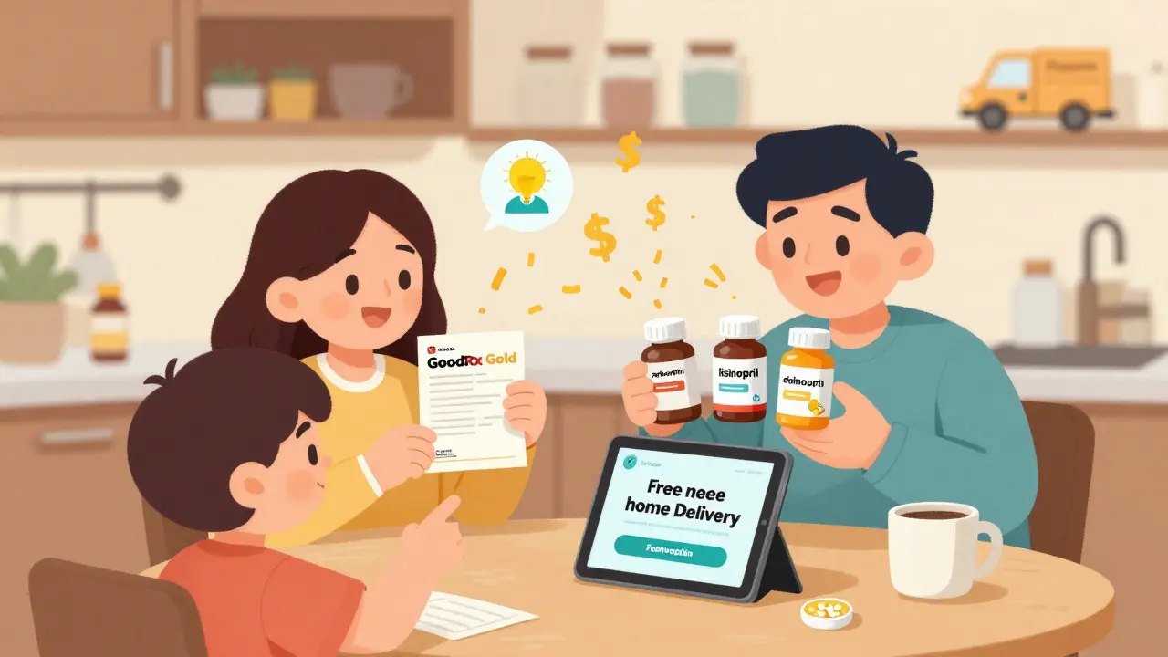 Family saving money on monthly prescriptions with GoodRx Gold, home delivery and telehealth icons nearby.
