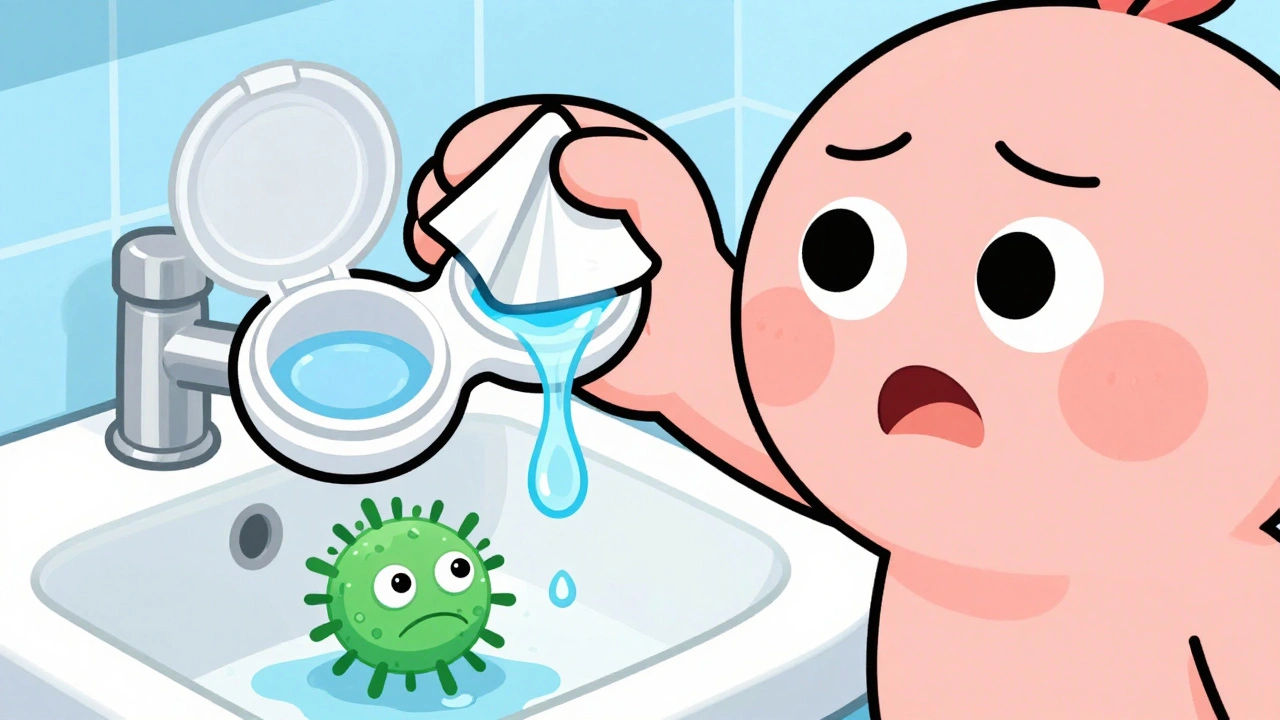 Hand cleaning a contact lens case with fresh solution, while a germ hides in a water droplet.