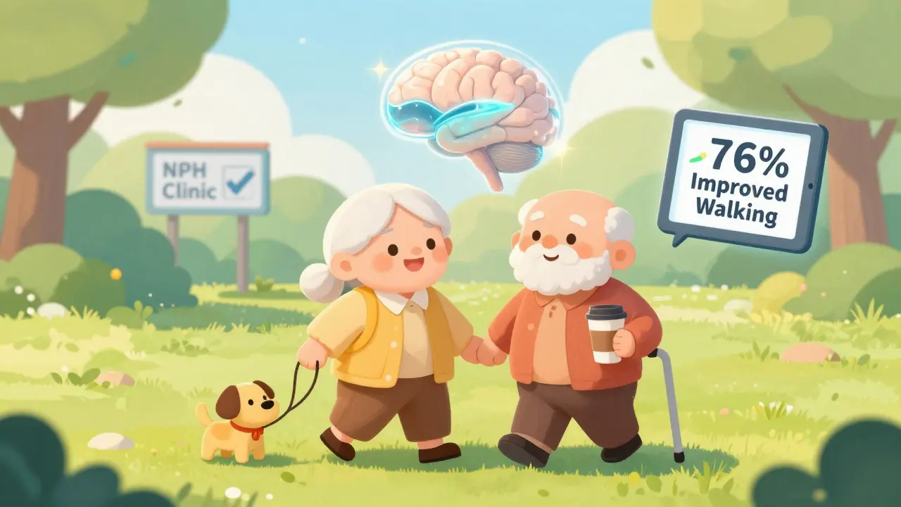 Happy elderly couple walking confidently in a park, no assistive devices, with a glowing brain showing balanced fluid levels.